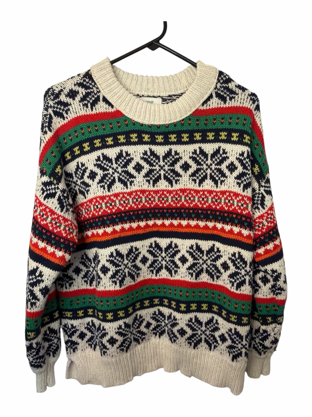 aerie Cream Fair Isle Crewneck Sweater with Navy, Red and Green Stripes
